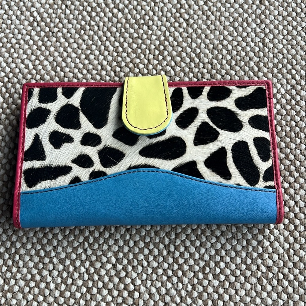 Genuine Leather Mixed Calf Hair Color Block Wallet. Multicolor Boho
